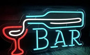 LED Neon Bar Sign with Wine Glass Design, 31 * 61cm, Blue and Red Light for Home Bar, Club, Party Room Wall Decor