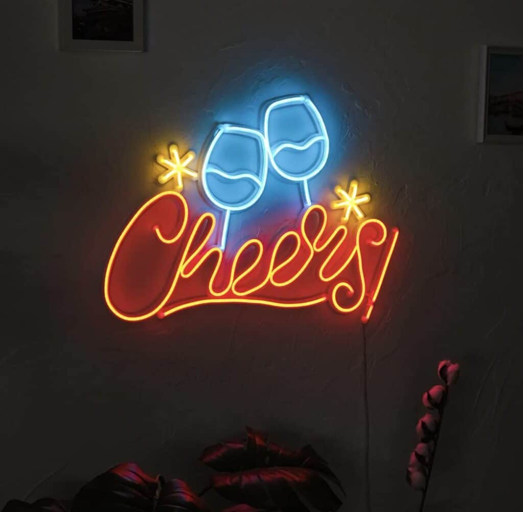LED Neon Sign, Wine Glass Cheers Design, Bar Wall Decor,Ice Blue and Red(30cms by 60cms)