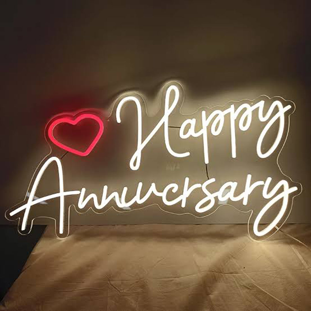 LED Happy Anniversary Neon Sign with Heart Design, 30 x 61 cm, White and Red