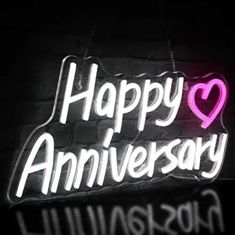 LED Neon Happy Anniversary Sign with Heart, Wall Mounted Decorative Light(30cm by 60cm)