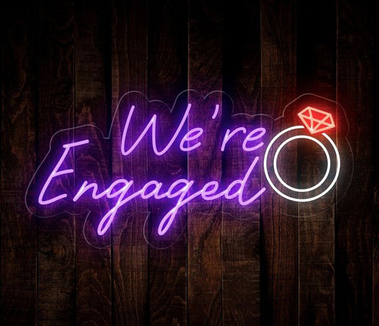 LED Neon Sign 'We're Engaged', Wedding Announcement Light, 30 x 60 cm, Purple and White (Green with white ring)