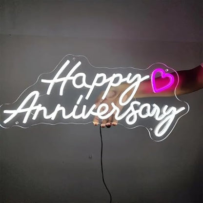 LED Neon Happy Anniversary Sign with Heart Design, 30 x 60 cm, White and Pink