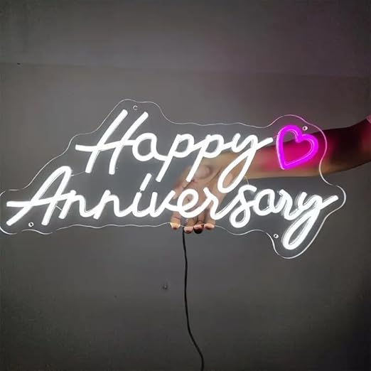 LED Neon Happy Anniversary Sign with Heart Design, 30 x 60 cm, White and Pink