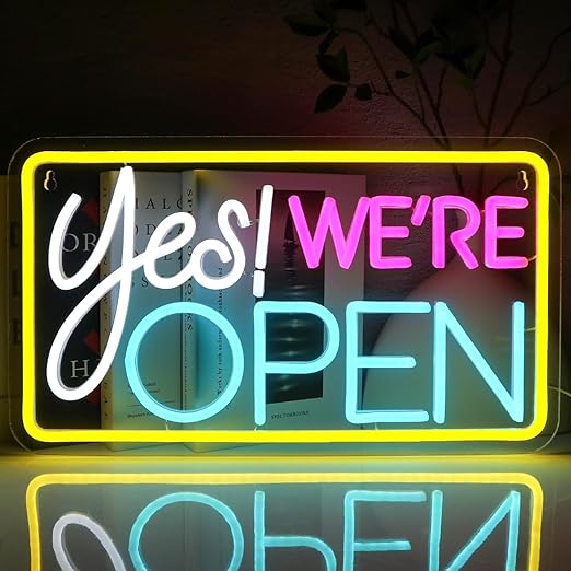 LED Neon Sign, Yes We're Open, Multi-Colour Light Board for Business, Yellow Border
