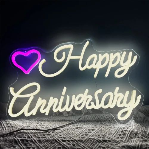 Happy Anniversary LED Neon Sign Light, Pink and Black, Wall Decor ((12 by 24 inches)