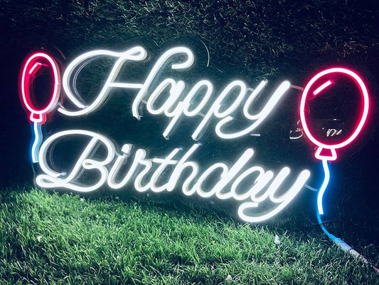 LED Neon Happy Birthday Sign with Balloon Design, Wall Mounted Party Decoration Light