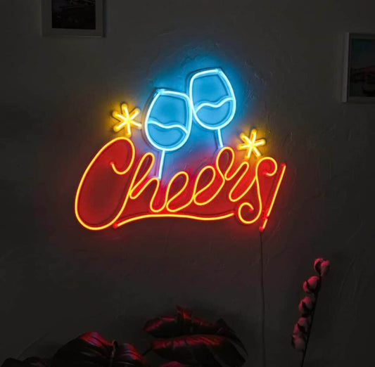 LED Neon Sign, Wine Glass Cheers Design, Bar Wall Decor,Ice Blue and Red(30cms by 60cms)