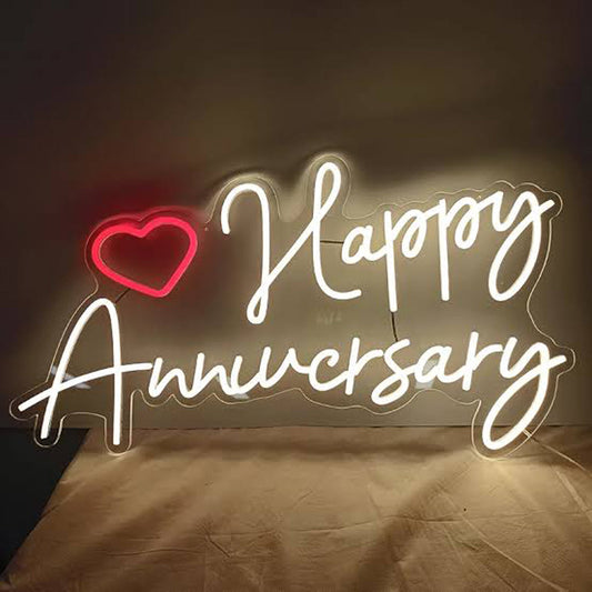 LED Happy Anniversary Neon Sign with Heart Design, 30 x 61 cm, White and Red