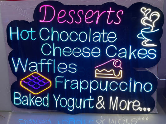 LED Neon Sign Board, Desserts Menu Display with Hot Chocolate, Cheese Cakes, Waffles, Frappuccino, Baked Yogurt Design, Multi-colour