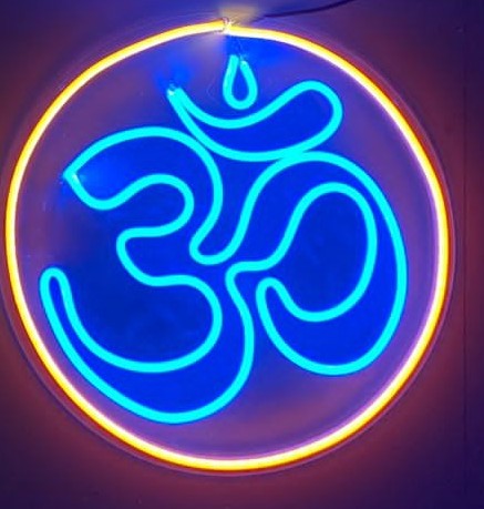 LED Neon Omm Sign Wall Light, Circle Design with Ice blue neon white orange om