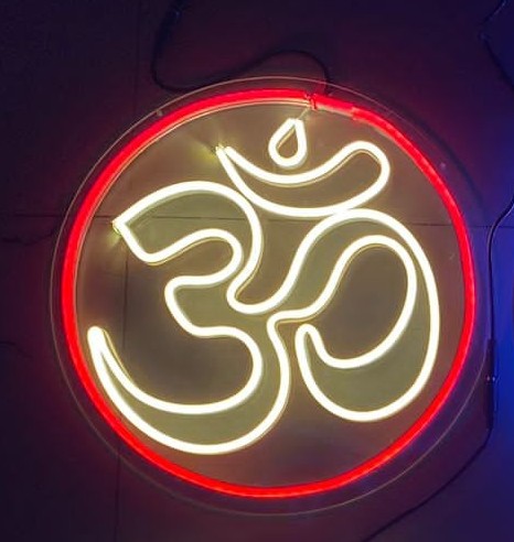 LED Neon Omm Sign Wall Light, Circle Design with Red Border, White Symbol (Red with warm white neon)